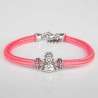 Pulsera cordón de cabo rosa con cierre mosquetón. Con Charm de Virgencita del Rocío en plata de ley. Muestra principal.
