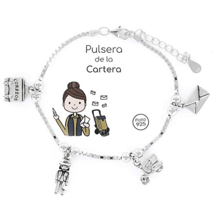 Pulsera de cordón de plata con cierre mosquetón y 4 colgantes de plata sobre motivos del oficio de cartera, en plata de ley.