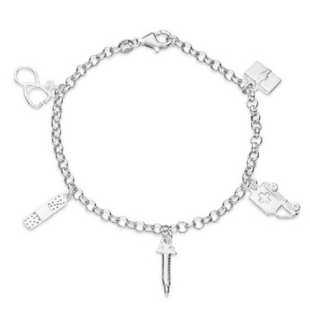 Pulsera de cordón de plata con cierre de mosquetón. Con cuatro colgantes con motivos de Enfermera en plata de ley.