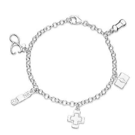 Pulsera de cordón de plata con cierre mosquetón. con cuatro colgantes sobre motivos médicos en plata de ley.