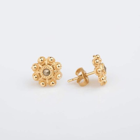 Pendientes botones charros plata de ley y cierre presión. Chapados en oro de 23 kt. Motivo mediano 9mm.