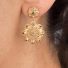 Pendientes de dobles botones charros de plata de ley. Cierre presión. Chapados oro 23 kt. Botón 9 mm y 12 mm. Muestra en modelo.