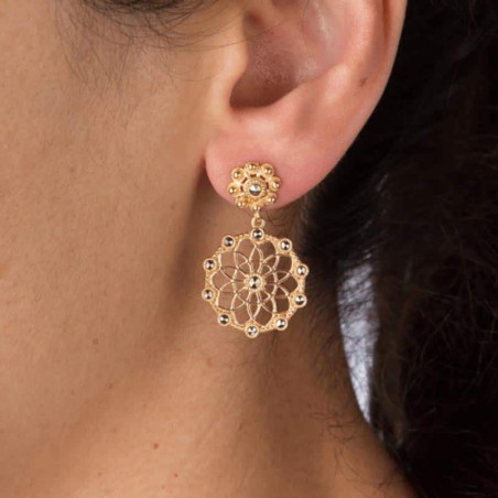 Pendientes botón + filigrana charra en plata con marcasitas. Chapados en oro 23kt. Boton 9mm + Filigrana 20mm. Imagen 4