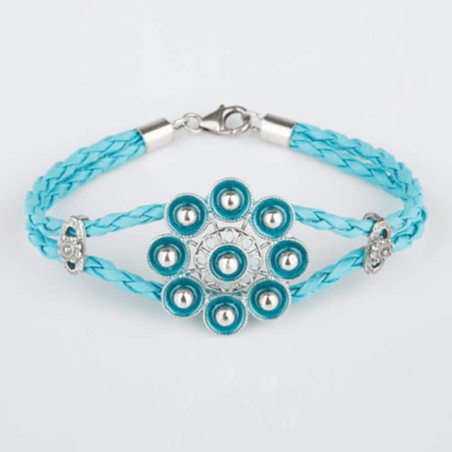 Pulsera cordón cuero entrelazado turquesa con Botón Charro de 19 cms. de plata de ley esmaltado en turquesa.
