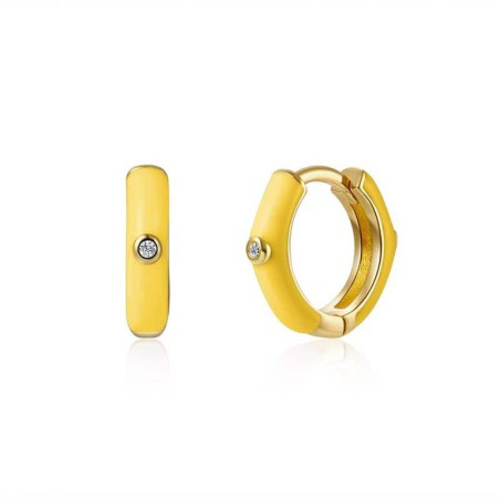 Pendientes Aro exagonal en plata de ley, esmaltados en amarillo. Bañados en Oro de 18 klt. Con circonitas.