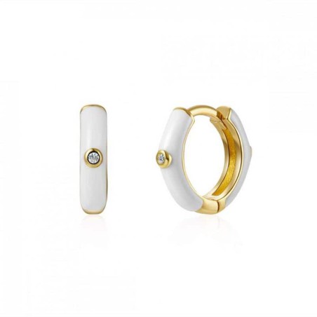Pendientes Aro exagonal de plata de ley, esmaltado en blanco. Bañados en oro de 18 klt. con circonitas 1mm.