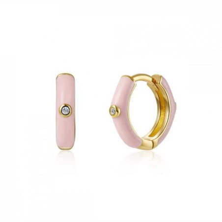 Pendientes Aro exagonal esmaltado en rosa de plata de ley con circonitas 1mm. Bañados en oro de 18klt.