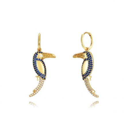 Pendientes con pájaro Tucan con circonitas azules y blancas, en plata de ley. Bañados en oro de 18 klt.