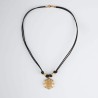 Collar Botón Charro de plata de primera ley chapado en oro de 23kt con Marcasitas. Cordón de cuero en color negro. Muestra.