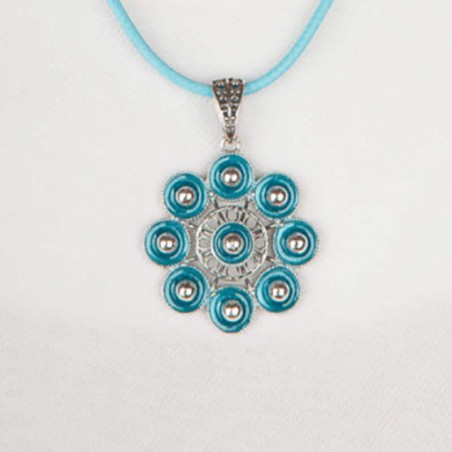 Collar Botón Charro de plata de primera ley con esmalte y cordón en color turquesa. Mediano.