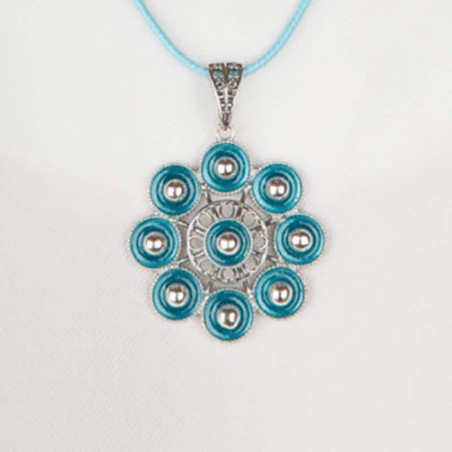 Collar Botón Charro de plata de primera ley con esmalte y cordón en color turquesa. 8 esferas.