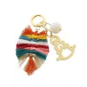 Adorno tipo llavero. En metal dorado con la Virgencita del Rocío, una bola color crema e hilo de colores.