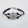Pulsera Néfele Botón Charro de plata de primera de ley con marcasitas. Cuero negro. Motivo: 2,5cm